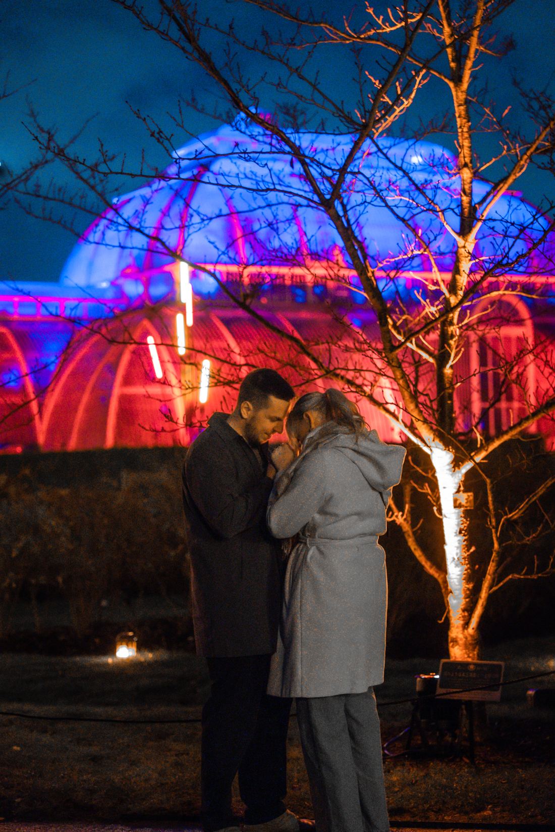 Couple embracing in front of the glowing Kew glasshouse